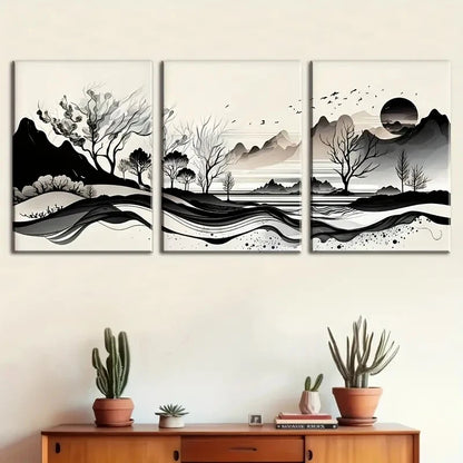 3pcs Nature Mountain Scenery with Black & White Metal Print Ready to Hang Art - Bella Home Decor