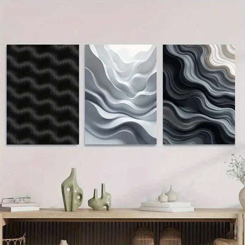3pcs Modern Abstract Wave Art Black, White Canvas Unframed - High Quality Print 100% Australian Made Wall Canvas