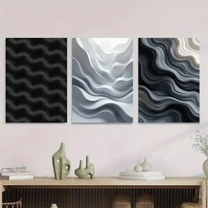 3pcs Modern Abstract Wave Art Black, White Canvas Unframed - High Quality Print 100% Australian Made Wall Canvas
