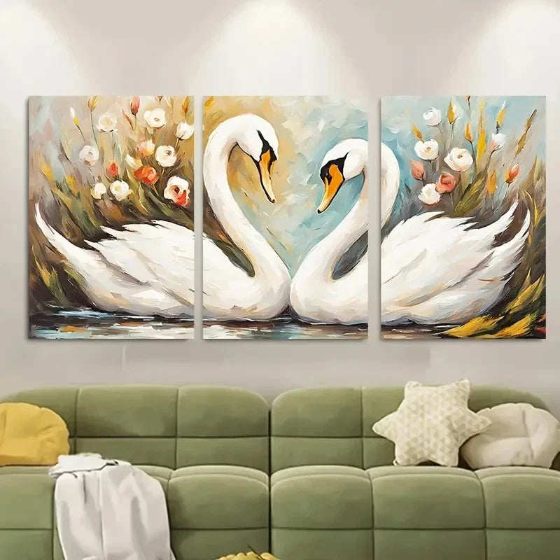 3pcs Two Swans In A LakeFloral Spring Metal Print Ready to Hang Art