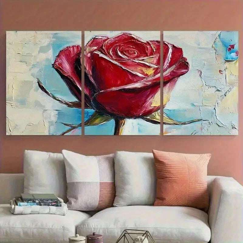 3pcs Red Rose Floral Abstract Impasto Design Metal Print Ready to Hang Art - Bella Home Decor