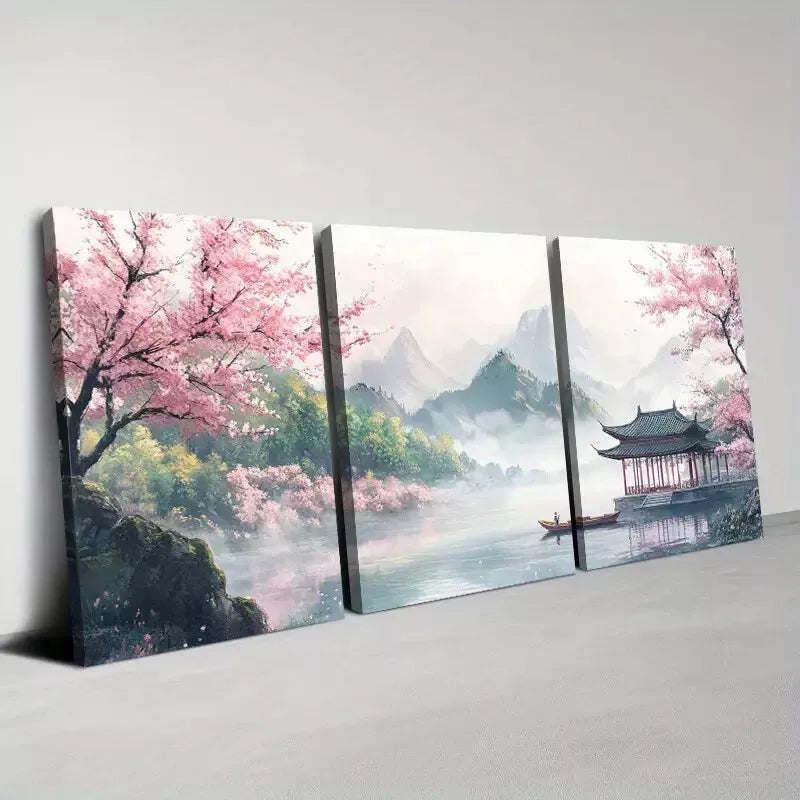 3pcTraditional Chinese Nature Landscape Style Art Set Canvas Framed 50x70cm - High Quality Print 100% Australian Made Wall Canvas Ready to Hang