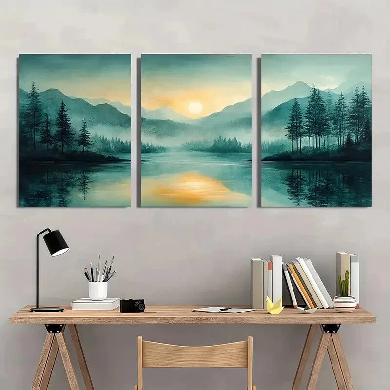 3pcs Mountain Green Pastel Abstract Landscape Metal Print Ready to Hang Art - Bella Home Decor