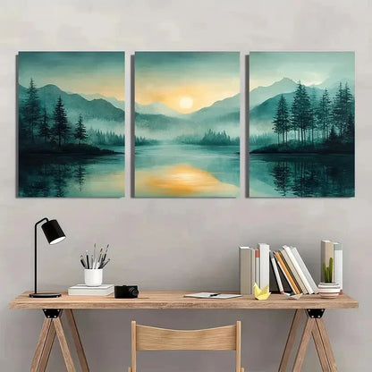 3pcs Mountain Green Pastel Abstract Landscape Metal Print Ready to Hang Art - Bella Home Decor