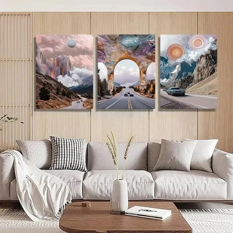 3pcs Panel Surreal Cosmic Road Trip Perfect Wall Art Set Canvas Framed 50x70cm - High Quality Print 100% Australian Made Wall Canvas Ready to Hang