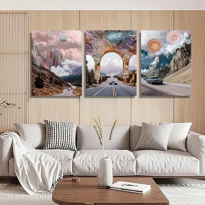 3pcs Panel Surreal Cosmic Road Trip Perfect Wall Art Set Canvas Framed 50x70cm - High Quality Print 100% Australian Made Wall Canvas Ready to Hang