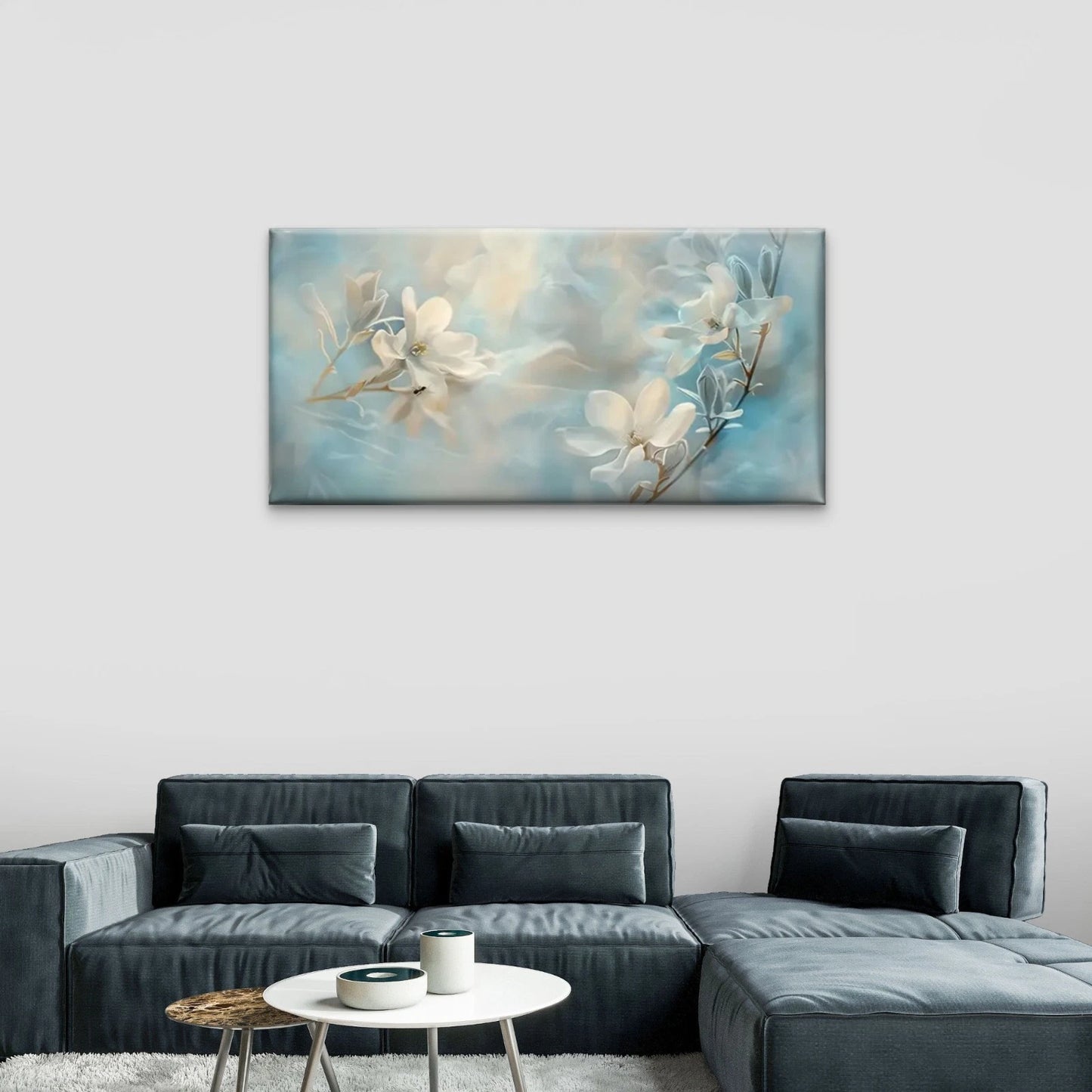 White Flowers Blue White Wall Art Canvas Office Home Room Framed 120x60cm