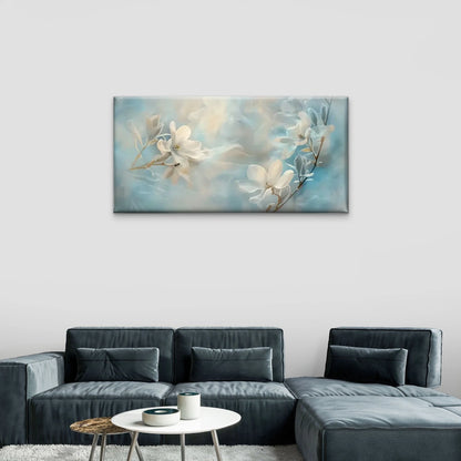 White Flowers Blue White Wall Art Canvas Office Home Room Framed 120x60cm