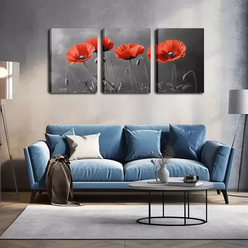 3pcs Blooming Red Flowers, Wall Art Set Wall Art Canvas Unframed - High Quality Print 100% Australian Made Wall Canvas - Bella Home Decor
