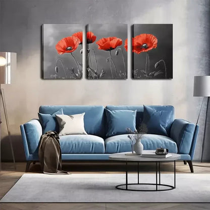 3pcs Blooming Red Flowers, Wall Art Set Wall Art Canvas Unframed - High Quality Print 100% Australian Made Wall Canvas - Bella Home Decor
