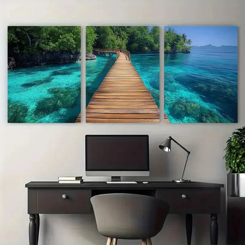 3pcs Tranquil Tropical Seascape Bridge Perfect Wall Art Set Canvas Framed 60x90cm - High Quality Print 100% Australian Made Wall Canvas Ready to Hang
