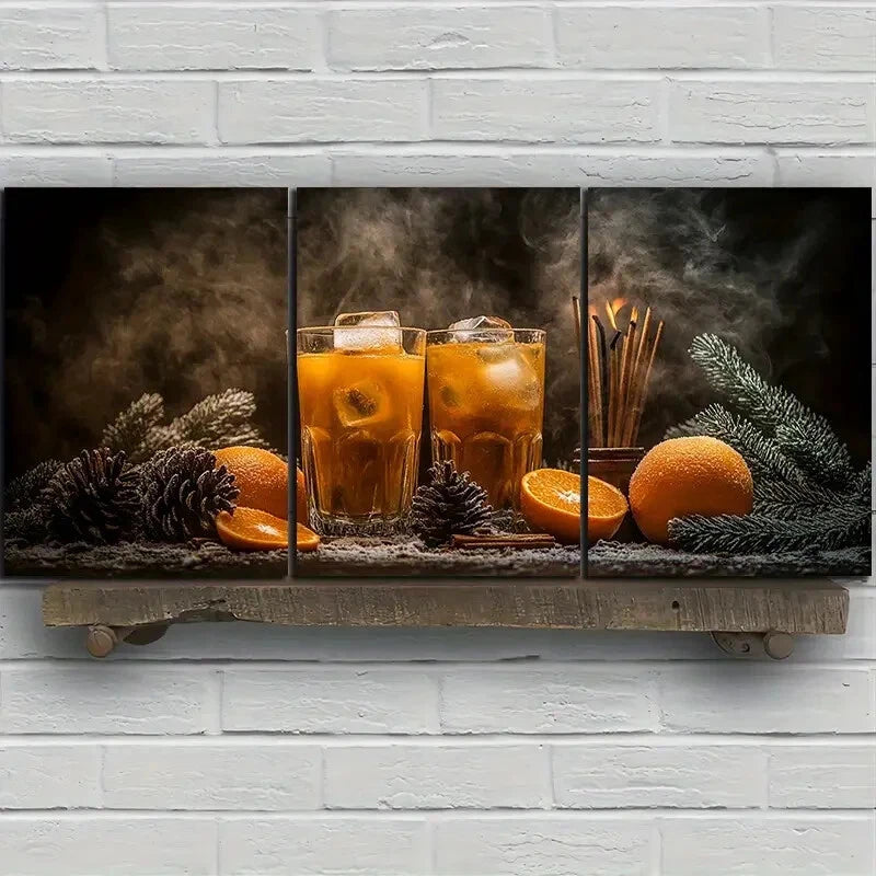 3pcs Fruits Pinecone And Orange Juice Metal Print Ready to Hang Art - Bella Home Decor