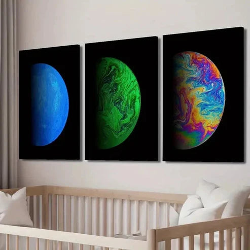 3pcs Colorful Planet on Black Background Wall Art Set Canvas Unframed - High Quality Print 100% Australian Made Wall Canvas - Bella Home Decor