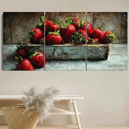 3pcs Fresh Strawberries Rustic Kitchen Farmhouse Wall Art Set Canvas Framed 40x60cm - High Quality Print 100% Australian Made Wall Canvas Ready to Hang - Bella Home Decor