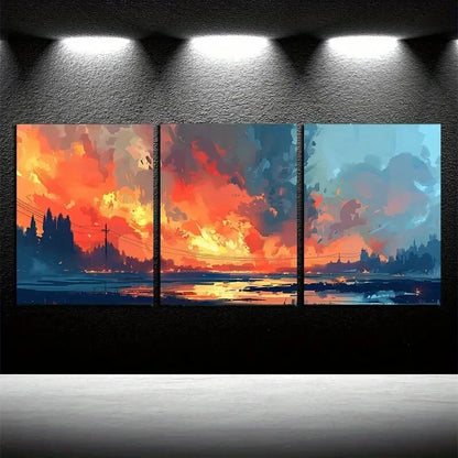 3pcs Vibrant Sunset Sky Landscape Illustration Metal Print Ready to Hang Art - Bella Home Decor