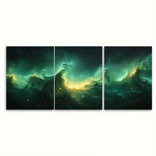 3pcs Vibrant Green Abstract Starry Night Metal Print Ready to Hang Art