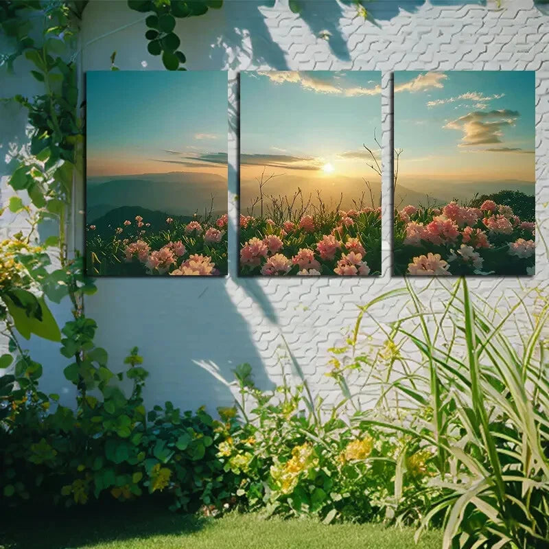 3pcs Vibrant Blooming Flowers Landscape Sunset Metal Print Ready to Hang Art - Bella Home Decor