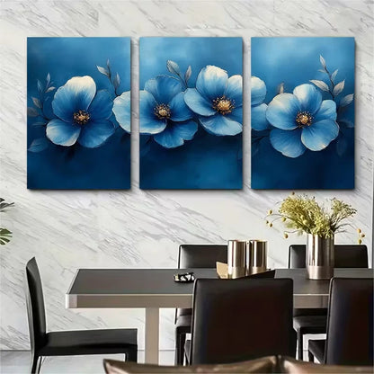 3pcs , Blue Floral Watercolour Metal Print Ready to Hang Art - Bella Home Decor
