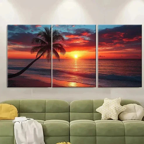 3pcs Sunset Seascape Palm Tree Paradise Wall Art Set Canvas Unframed - High Quality Print 100% Australian Made Wall Canvas - Bella Home Decor