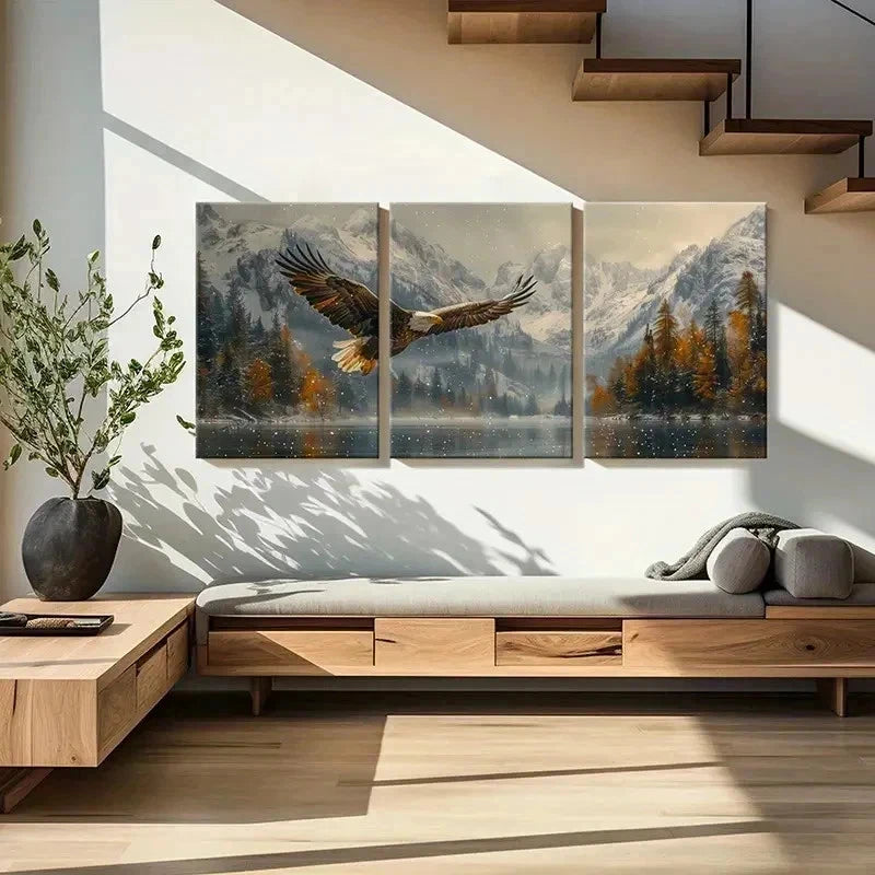 3pcs Majestic Eagle Soaring Over Snowy Mountains Wall Art Set Canvas Framed 60x90cm - High Quality Print 100% Australian Made Wall Canvas Ready to Hang