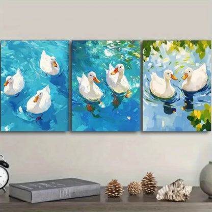 3pcs White Ducks Swimming Wall Art Set Canvas Framed 40x60cm - High Quality Print 100% Australian Made Wall Canvas Ready to Hang - Bella Home Decor