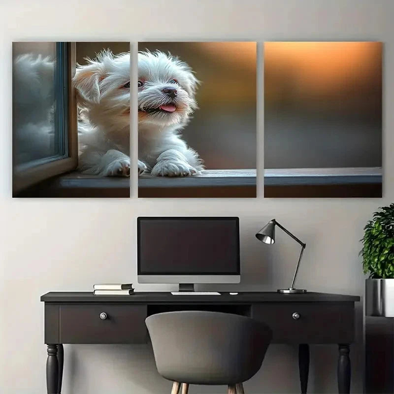 3pcs Cute White Dog Licking Window Metal Print Ready to Hang Art - Bella Home Decor
