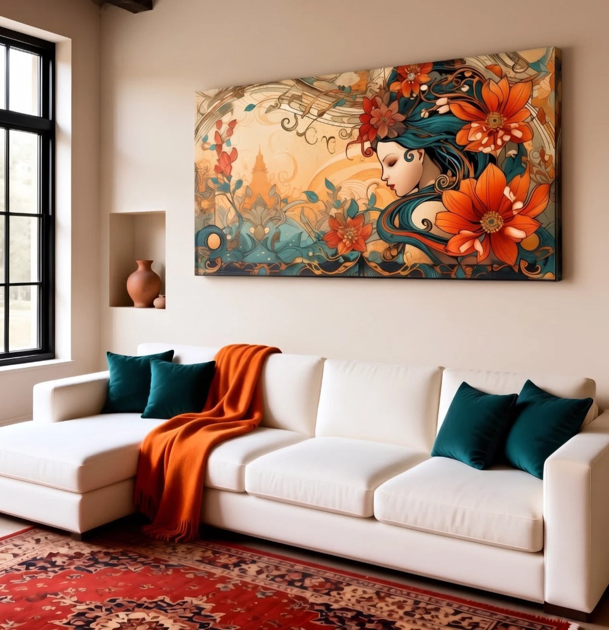 Orange Blossom and Woman Floral Wall Art Canvas Office Home Framed 120x60cm