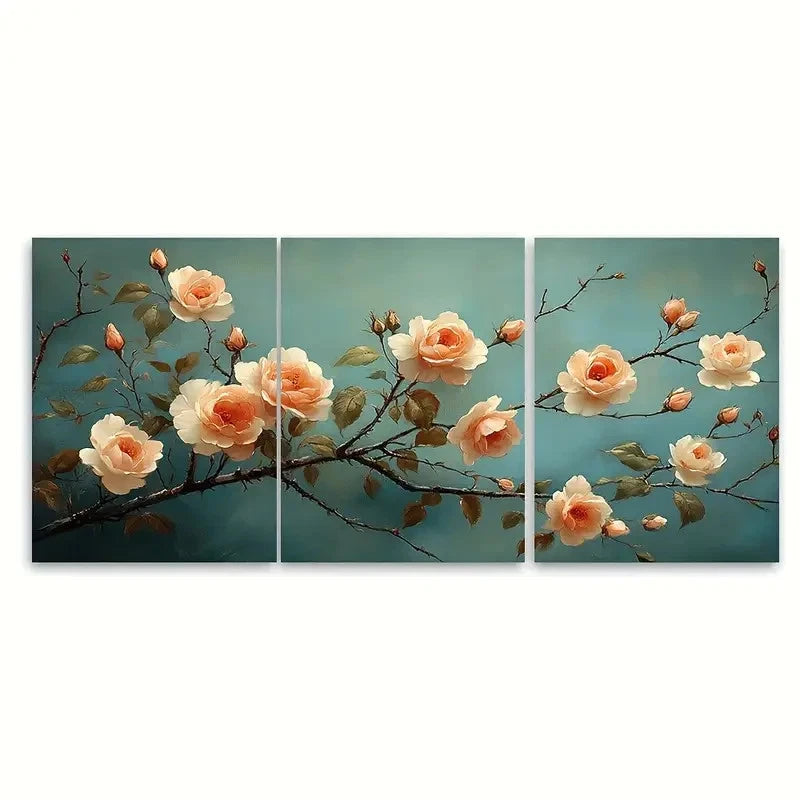 3pcs Sakura Blossoms Cream Roses Vintage Wall Art Set Canvas Framed 50x70cm - High Quality Print 100% Australian Made Wall Canvas Ready to Hang