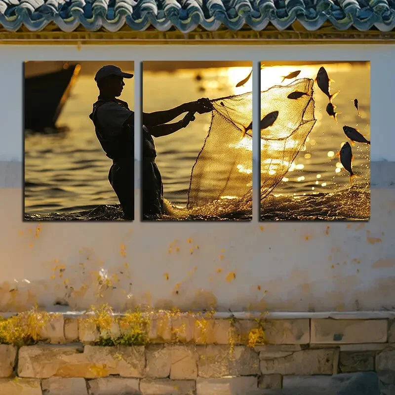 3pcs Fishermen Silhouette Sea Sunset Scenery Metal Print Ready to Hang Art - Bella Home Decor