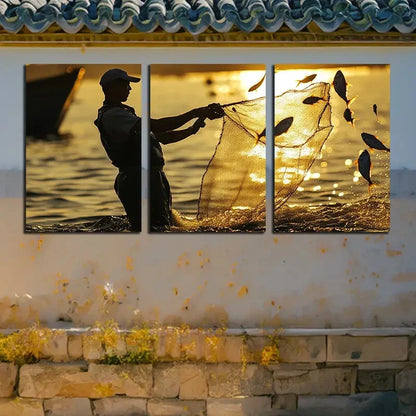 3pcs Fishermen Silhouette Sea Sunset Scenery Metal Print Ready to Hang Art - Bella Home Decor
