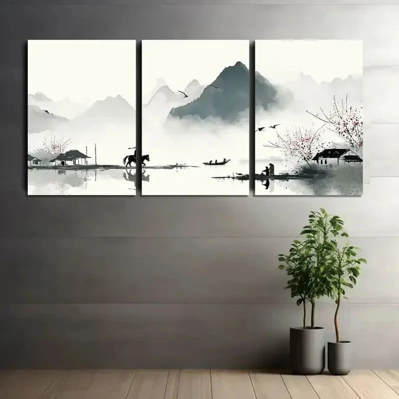 3pcs Chinese Ink Painting with Black Brushstrokes Metal Print Ready to Hang Art - Bella Home Decor
