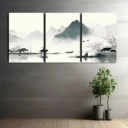 3pcs Chinese Ink Painting with Black Brushstrokes Metal Print Ready to Hang Art - Bella Home Decor
