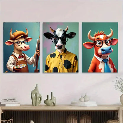3pcs Colorful Cow Modern Farmhouse Animal Wall Art Set Canvas Unframed - High Quality Print 100% Australian Made Wall Canvas - Bella Home Decor
