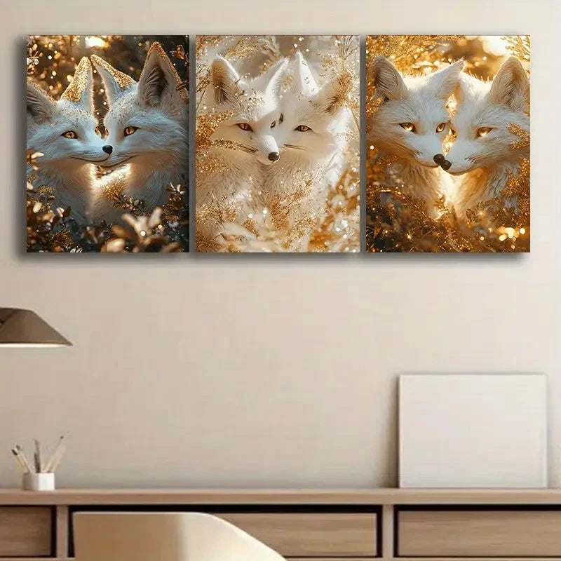 3pcs Two Golden Foxes Animal Themed Metal Print Ready to Hang Art
