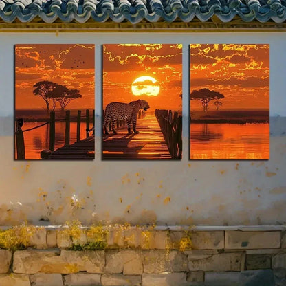 3pcs Leopard Sunset Tropical Savanna Metal Print Ready to Hang Art - Bella Home Decor
