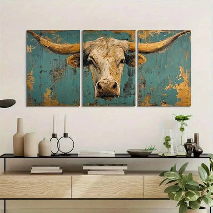 3pcs Distressed Painting of Longhorn Cow Metal Print Ready to Hang Art - Bella Home Decor