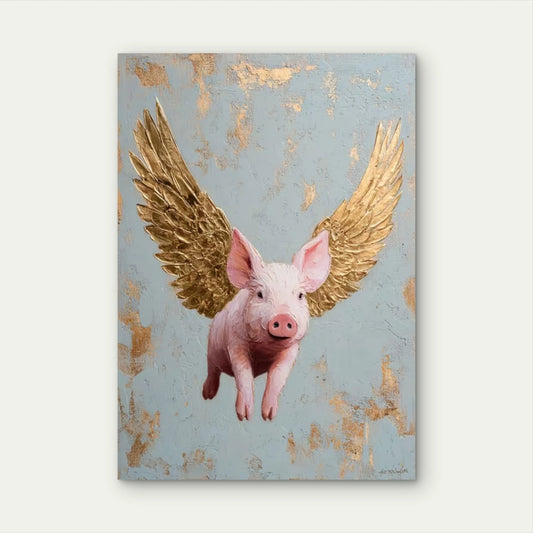 Flying Pig with Golden Wings Metal Print Ready to Hang