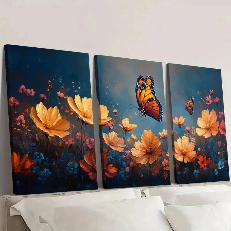3pcs Vibrant Floral and Butterfly Art iy Wall Art Set Canvas Framed 60x90cm - High Quality Print 100% Australian Made Wall Canvas Ready to Hang