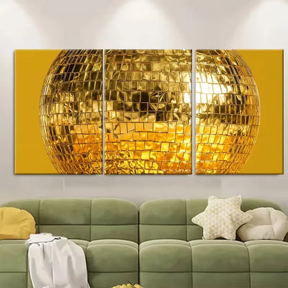 3pcs Golden Retro Disco Ball Metal Print Ready to Hang Art - Bella Home Decor