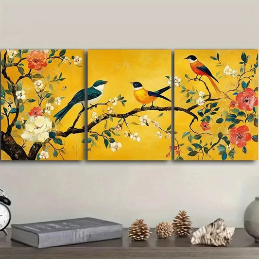 3pcs Tree of Life Adorned with Birds and Flowers Metal Print Ready to Hang Art