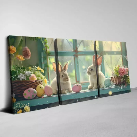 3pcs Easter Bunny Canvas with Florals & Eggs Wall Art Set Canvas Framed 50x70cm - High Quality Print 100% Australian Made Wall Canvas Ready to Hang