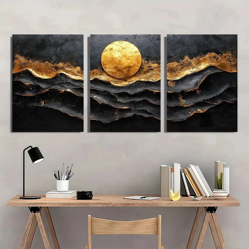 3pcs Black and Golden Abstract Metal Print Ready to Hang Art - Bella Home Decor