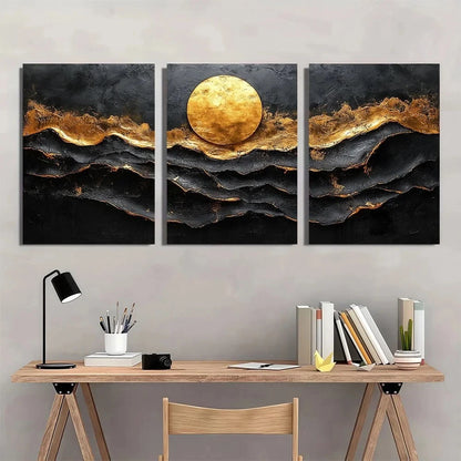 3pcs Black and Golden Abstract Metal Print Ready to Hang Art - Bella Home Decor