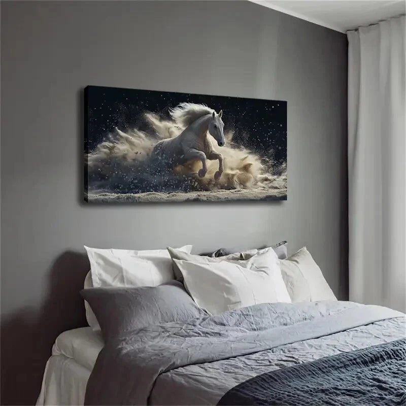 White Horse Galloping & Raising Wall Art Canvas Office Home Room Framed 120x60cm - Bella Home Decor