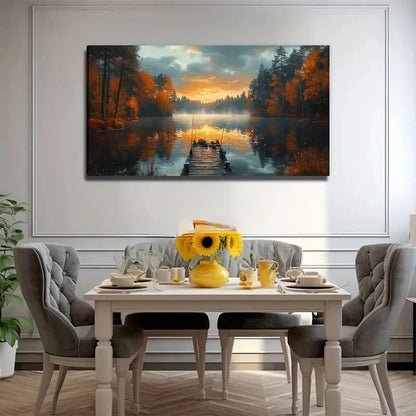Sunset Dock Landscape Painting Wall Art Canvas Office Home Room Framed 120x60cm