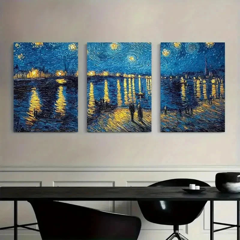 3pcs Starry Night Over River with Reflections Metal Print Ready to Hang Art - Bella Home Decor