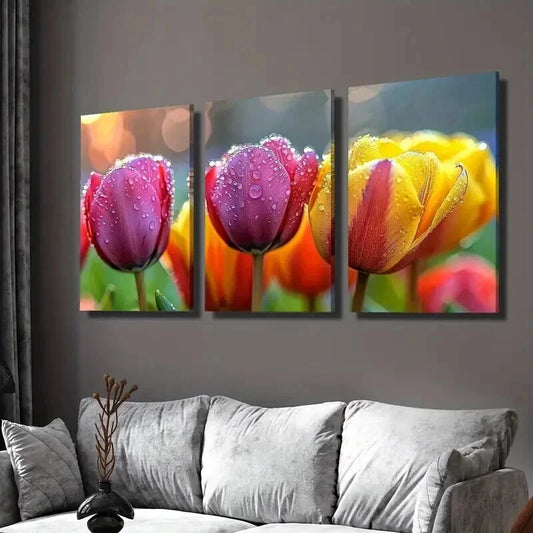 3pcs Tulips in the Rain Floral Themed Wall Art Set Canvas Framed 40x60cm - High Quality Print 100% Australian Made Wall Canvas Ready to Hang