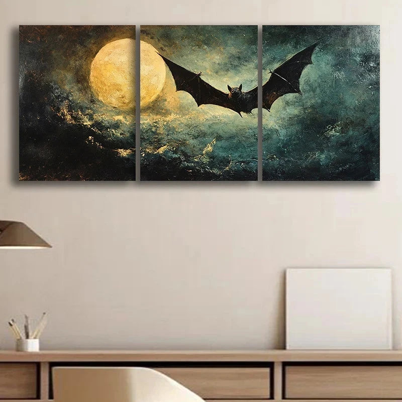 3pcs Bat and Moon Luxurious Cloth Material Metal Print Ready to Hang Art - Bella Home Decor
