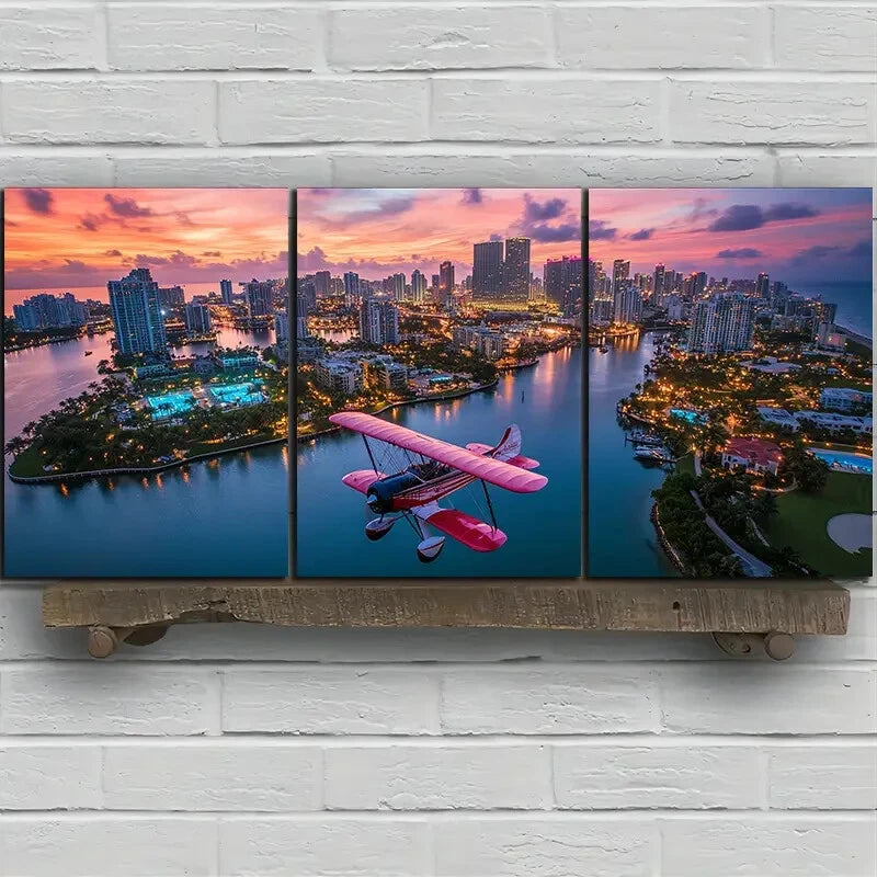 3pcs Pink Airplanes Over The City Metal Print Ready to Hang Art - Bella Home Decor