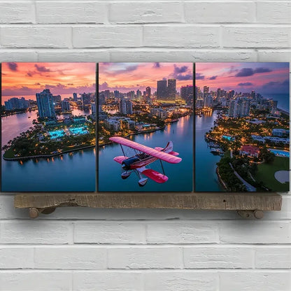 3pcs Pink Airplanes Over The City Metal Print Ready to Hang Art - Bella Home Decor